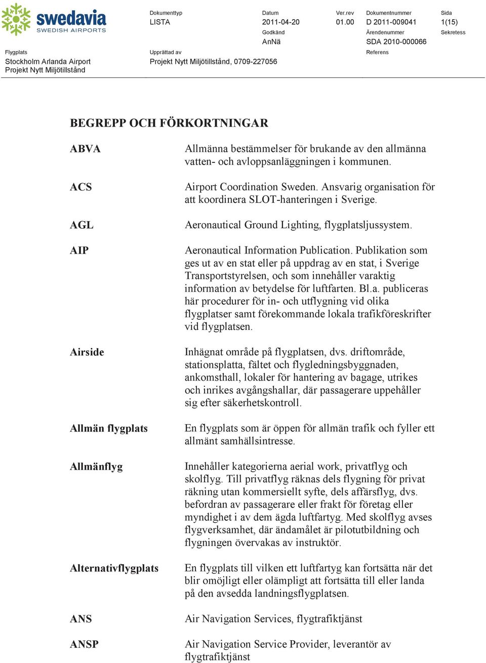 vatten- och avloppsanläggningen i kommunen. Airport Coordination Sweden. Ansvarig organisation för att koordinera SLOT-hanteringen i Sverige. Aeronautical Ground Lighting, flygplatsljussystem.