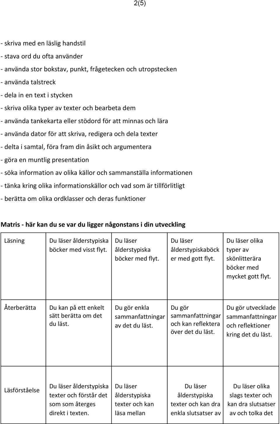 göra en muntlig presentation - söka information av olika källor och sammanställa informationen - tänka kring olika informationskällor och vad som är tillförlitligt - berätta om olika ordklasser och