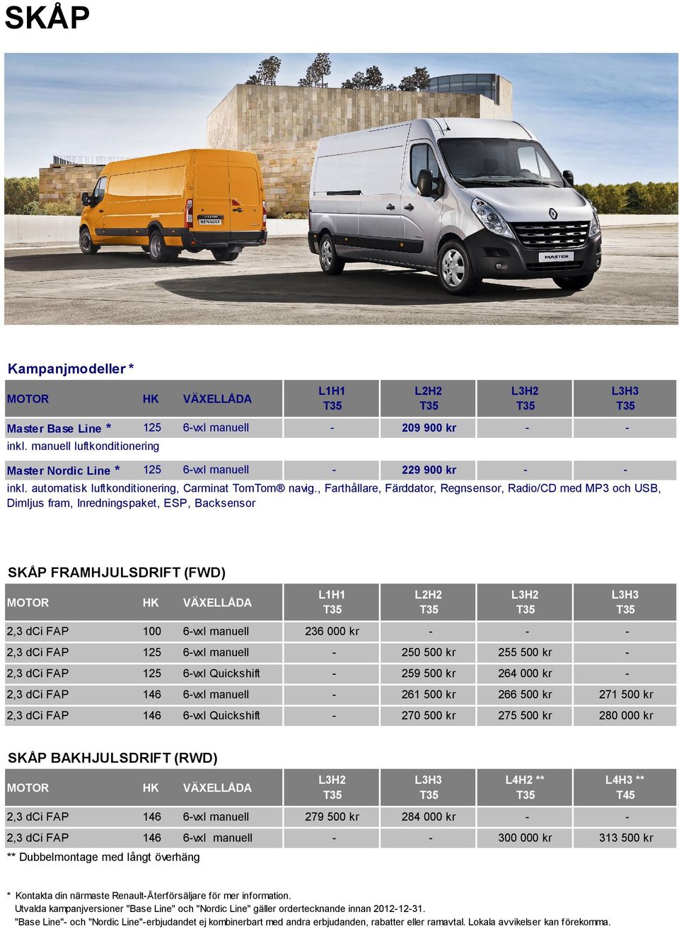 , Farthållare, Färddator, Regnsensor, Radio/CD med MP3 och USB, Dimljus fram, Inredningspaket, ESP, Backsensor SKÅP FRAMHJULSDRIFT (FWD) L1H1 L2H2 H2 H3 2,3 dci FAP 100 6-vxl manuell 236 000 kr - - -