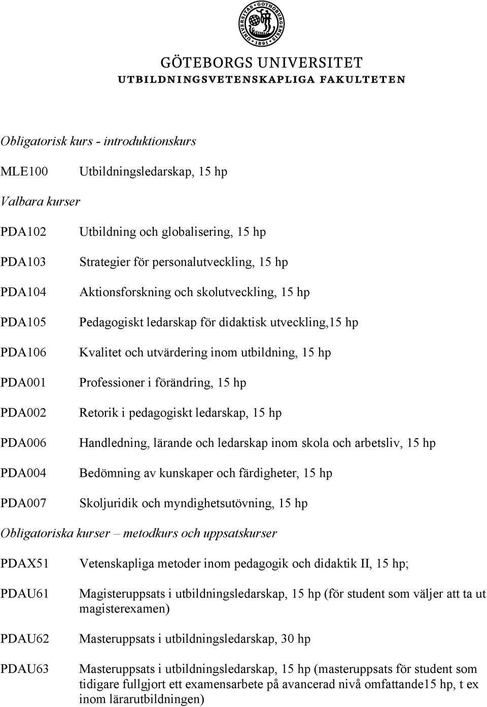 förändring, 15 hp Retorik i pedagogiskt ledarskap, 15 hp Handledning, lärande och ledarskap inom skola och arbetsliv, 15 hp Bedömning av kunskaper och färdigheter, 15 hp Skoljuridik och