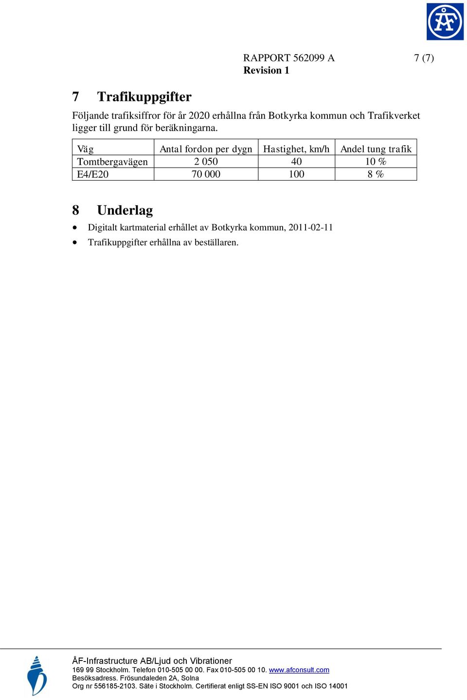 Väg Antal fordon per dygn Hastighet, km/h Andel tung trafik Tomtbergavägen 2 050 40 10 % E4/E20 70