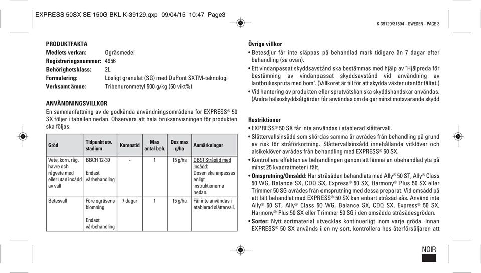 SXTM-teknologi Verksamt ämne: Tribenuronmetyl 500 g/kg (50 vikt%) ANVÄNDNINGSVILLKOR En sammanfattning av de godkända användningsområdena för EXPRESS 50 SX följer i tabellen nedan.