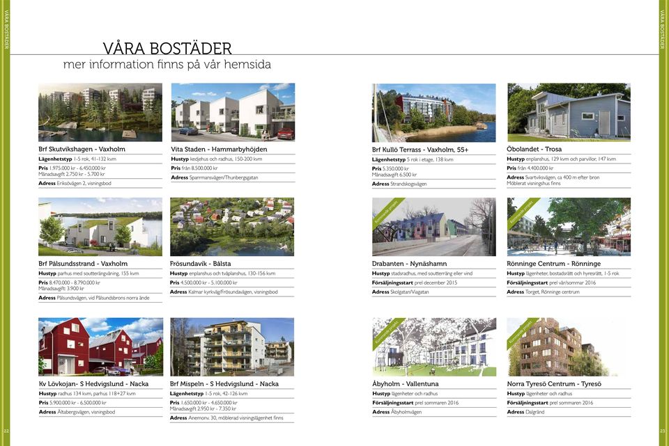 750 kr - 5.700 kr Adress Eriksövägen 2, visningsbod Pris från 8.500.000 kr Adress Sparrmansvägen/Thunbergsgatan Pris 5.350.000 kr Månadsavgift 6.500 kr Adress Strandskogsvägen Pris från 4.400.
