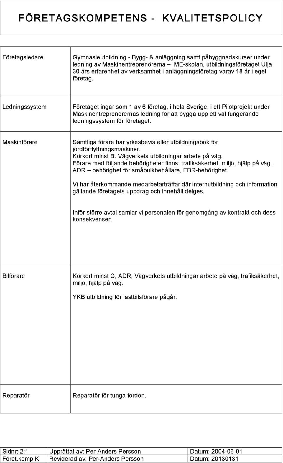 Ledningssystem Företaget ingår som 1 av 6 företag, i hela Sverige, i ett Pilotprojekt under Maskinentreprenörernas ledning för att bygga upp ett väl fungerande ledningssystem för företaget.