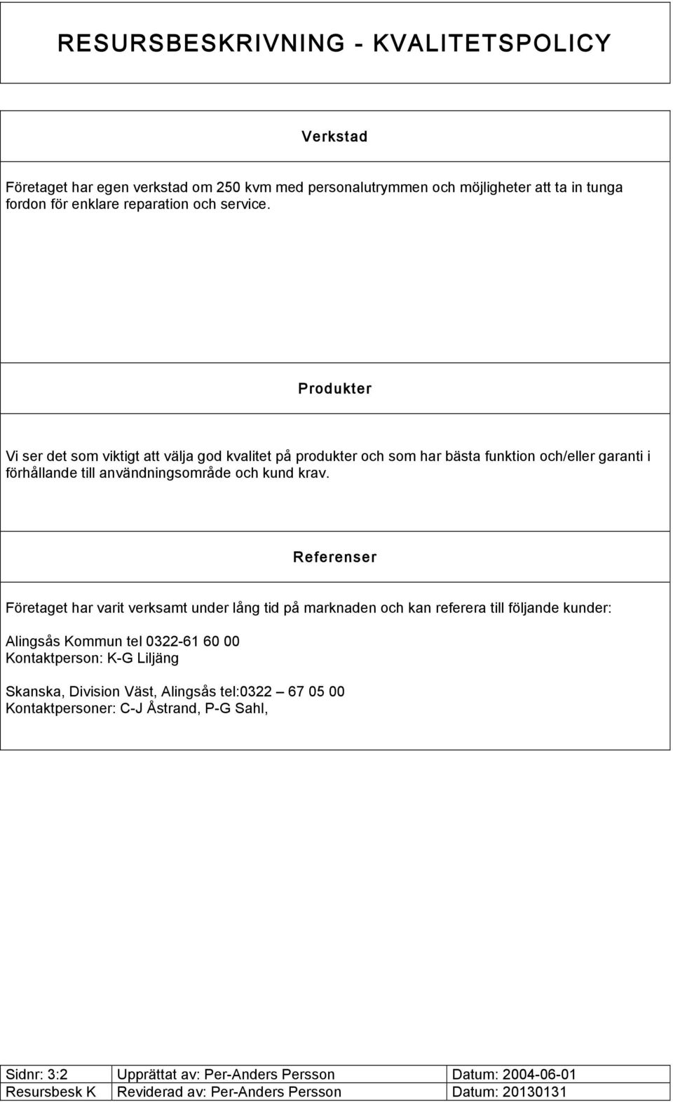 Referenser Företaget har varit verksamt under lång tid på marknaden och kan referera till följande kunder: Alingsås Kommun tel 0322-61 60 00 Kontaktperson: K-G Liljäng Skanska,