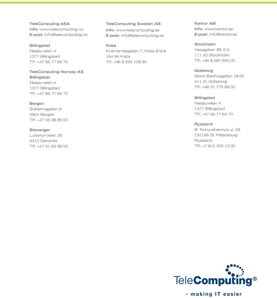 38 85 00 Stavanger Luramyrveien 29 4313 Sandnes Tlf: +47 51 63 98 00 TeleComputing Sweden AB Info: www.telecomputing.se E-post: info@telecomputing.