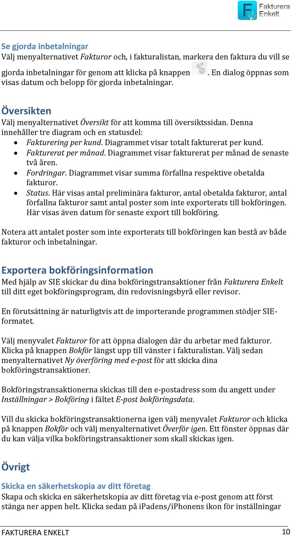 Diagrammet visar totalt fakturerat per kund. Fakturerat per månad. Diagrammet visar fakturerat per månad de senaste två åren. Fordringar. Diagrammet visar summa förfallna respektive obetalda fakturor.