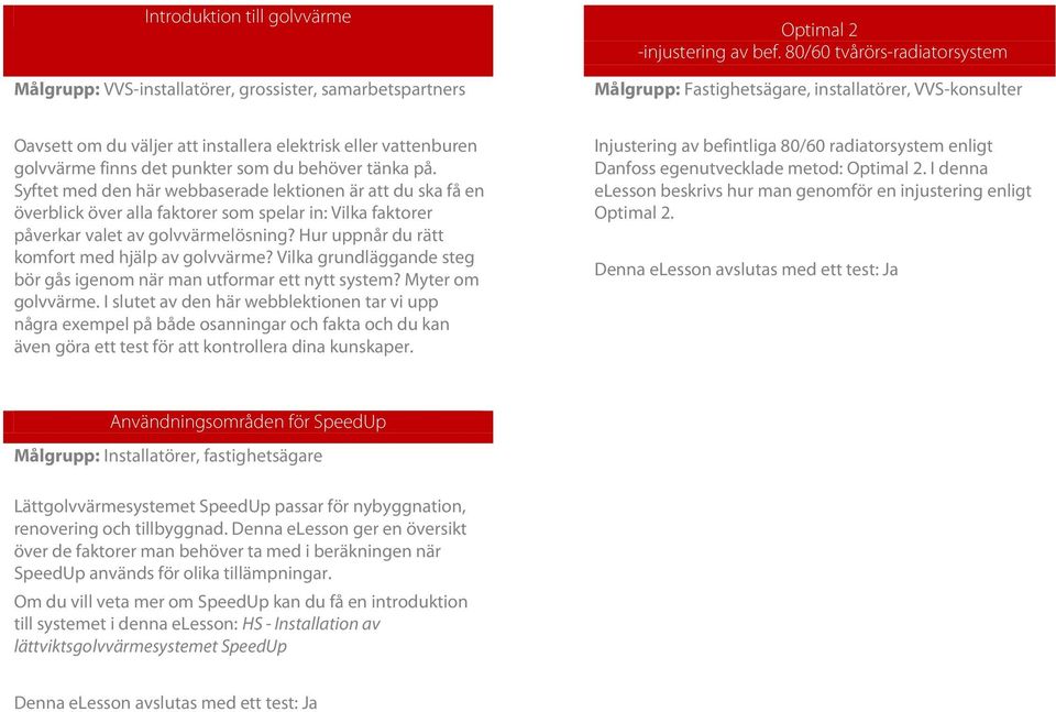 på. Syftet med den här webbaserade lektionen är att du ska få en överblick över alla faktorer som spelar in: Vilka faktorer påverkar valet av golvvärmelösning?