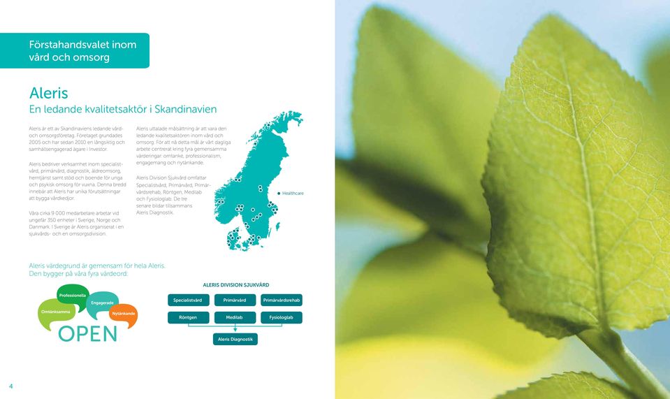 Aleris bedriver verksamhet inom specialistvård, primärvård, diagnostik, äldreomsorg, hemtjänst samt stöd och boende för unga och psykisk omsorg för vuxna.