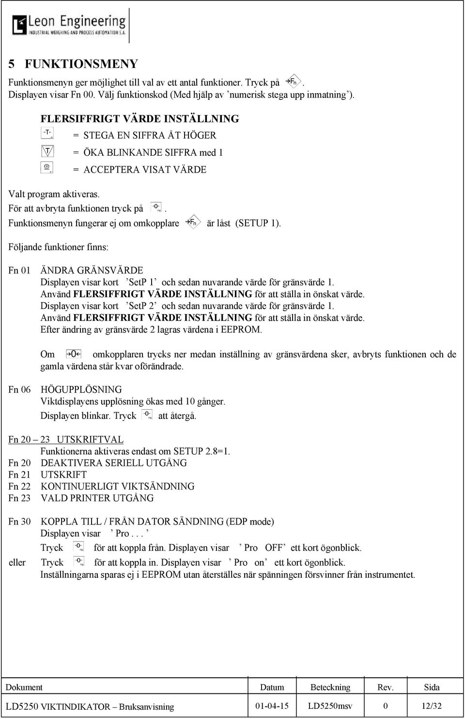 Funktionsmenyn fungerar ej om omkopplare A är låst (SETUP 1). Följande funktioner finns: Fn 01 ÄNDRA GRÄNSVÄRDE Displayen visar kort SetP 1 och sedan nuvarande värde för gränsvärde 1.