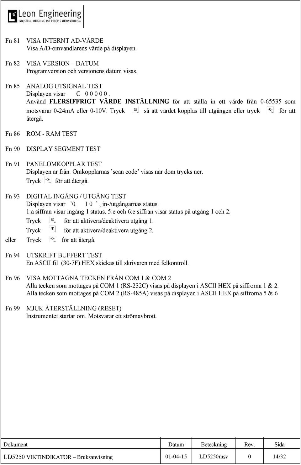 Tryck ( så att värdet kopplas till utgången eller tryck ) för att återgå. ROM - RAM TEST DISPLAY SEGMENT TEST PANELOMKOPPLAR TEST Displayen är från. Omkopplarnas scan code visas när dom trycks ner.