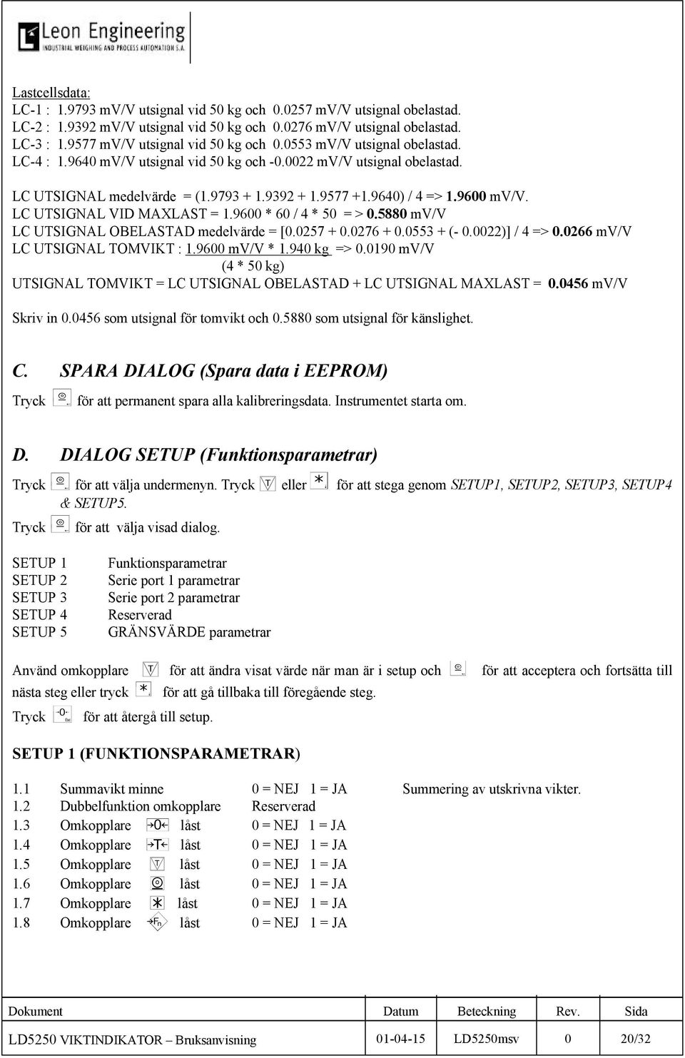 9640) / 4 => 1.9600 mv/v. LC UTSIGNAL VID MAXLAST = 1.9600 * 60 / 4 * 50 = > 0.5880 mv/v LC UTSIGNAL OBELASTAD medelvärde = [0.0257 + 0.0276 + 0.0553 + (- 0.0022)] / 4 => 0.