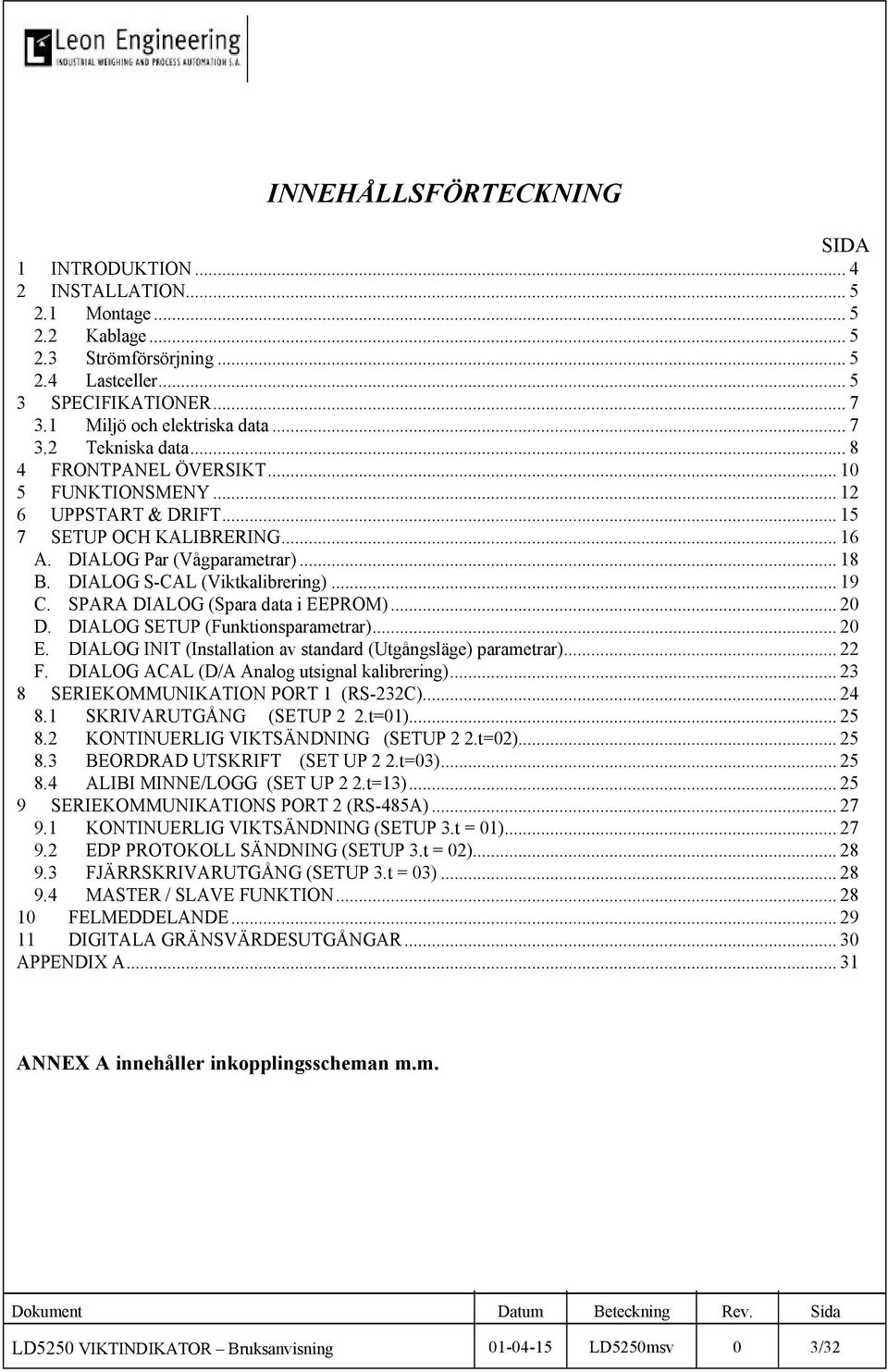 DIALOG S-CAL (Viktkalibrering)... 19 C. SPARA DIALOG (Spara data i EEPROM)... 20 D. DIALOG SETUP (Funktionsparametrar)... 20 E. DIALOG INIT (Installation av standard (Utgångsläge) parametrar)... 22 F.