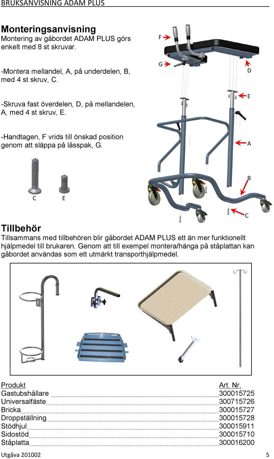 A B C E C Tillbehör Tillsammans med tillbehören blir gåbordet ADAM PLUS ett än mer funktionellt hjälpmedel till brukaren.