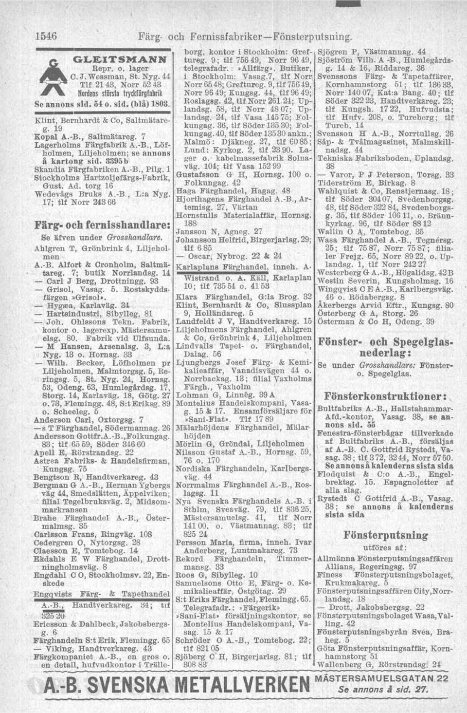 Ahlgren T, Grönbrink 4, Llljehol Klint, Bernhardt & Co, Saltmätareg. 19 Kopal A.-B., Saltmätareg. 7 Lagerholms Färgfabrik A.-B., Löf- holmen, Liljeholmen; se annons men A.-B. Alfort & Oronholm, Baltmätareg, 7; butik Norrlandsg.
