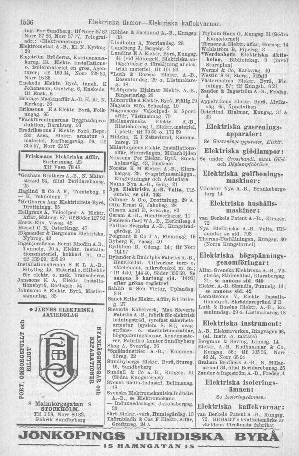 6 Erbings Maskinall'är A.-B. H, Kl. N. Kyrkog. 26 Erikssons E A Elektr. Byrå, Folkurigag. 95 Köhler & Backlund A.-B., Kungsg. Trybom Hans G, Kungsg, 31 \Södra 33 Kungstornet) Lindholm A. Norrlandsg.