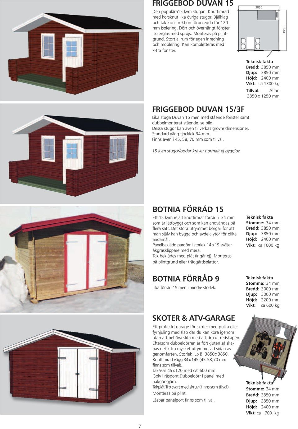 3850 Bredd: 3850 mm Djup: 3850 mm Höjd: 2400 mm Vikt: ca 1300 kg Tillval: Altan 3850 x 1250 mm 3850 Friggebod Duvan 15/3F Lika stuga Duvan 15 men med stående fönster samt dubbelmonterat stående.