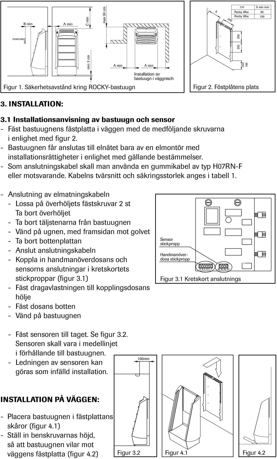 1 Installationsanvisning av bastuugn och sensor - Fäst bastuugnens fästplatta i väggen med de medföljande skruvarna i enlighet med figur 2.