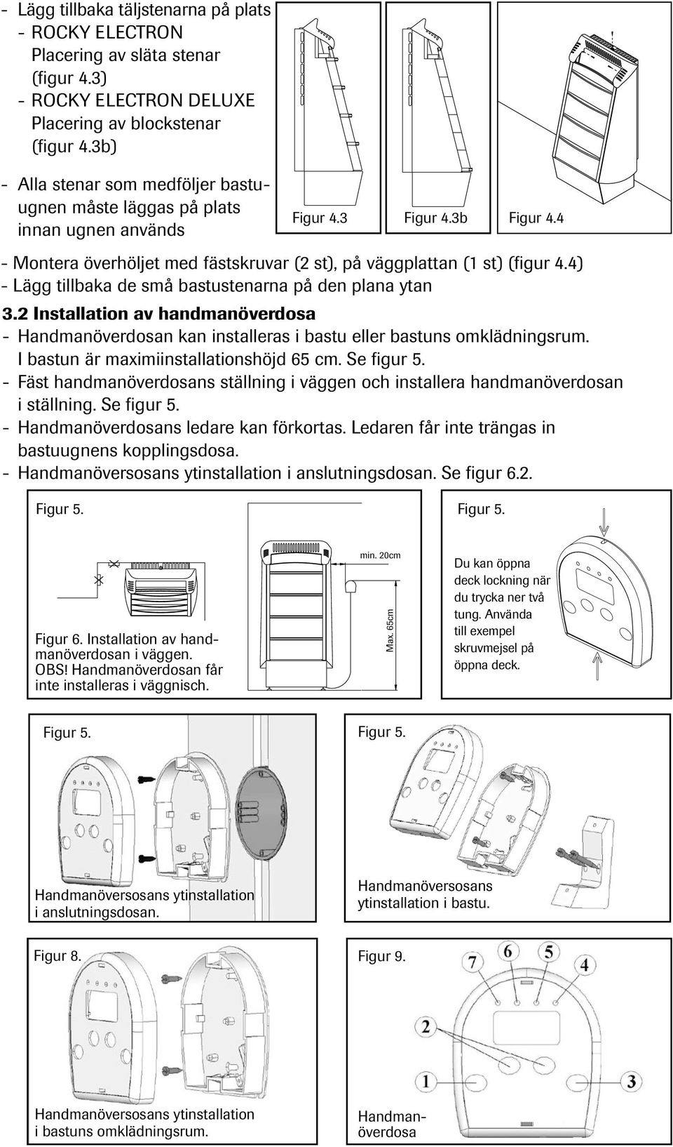 4) - Lägg tillbaka de små bastustenarna på den plana ytan 3.2 Installation av handmanöverdosa - Handmanöverdosan kan installeras i bastu eller bastuns omklädningsrum.