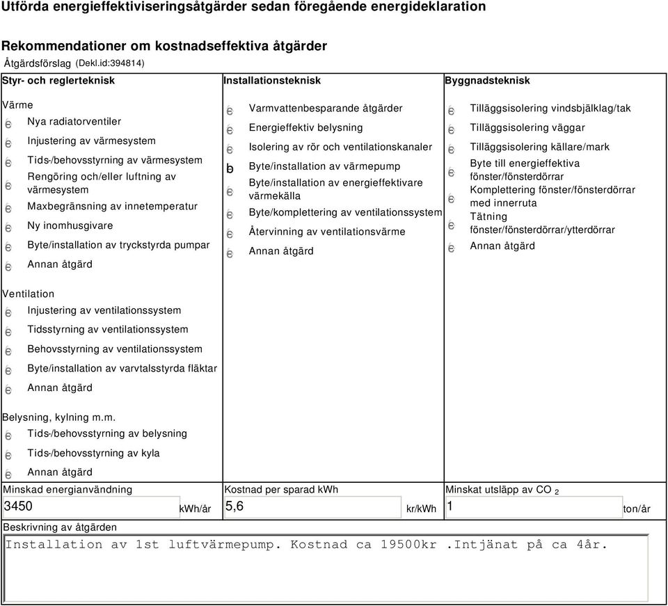 värmesystem Maxbegränsning av innetemperatur Ny inomhusgivare Byte/installation av tryckstyrda pumpar Ventilation Injustering av ventilationssystem Tidsstyrning av ventilationssystem Behovsstyrning
