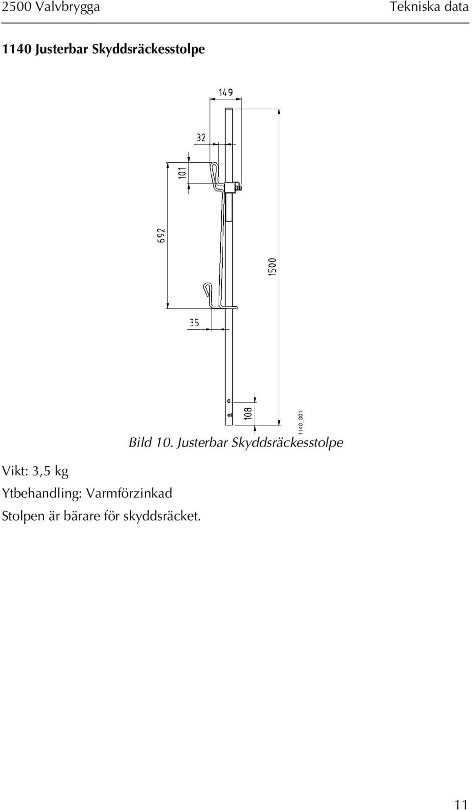 Justerbar Skyddsräckesstolpe Vikt: 3,5 kg