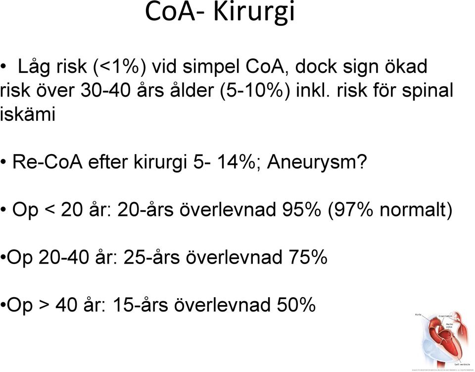 risk för spinal iskämi Re-CoA efter kirurgi 5-14%; Aneurysm?