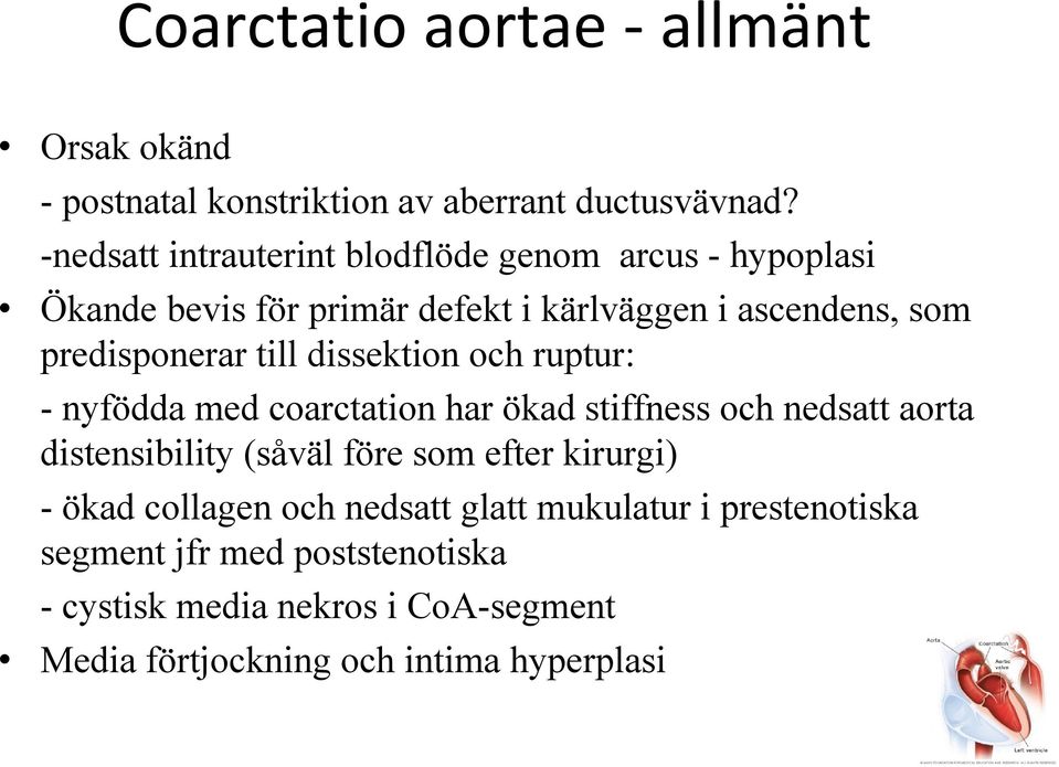 till dissektion och ruptur: - nyfödda med coarctation har ökad stiffness och nedsatt aorta distensibility (såväl före som efter