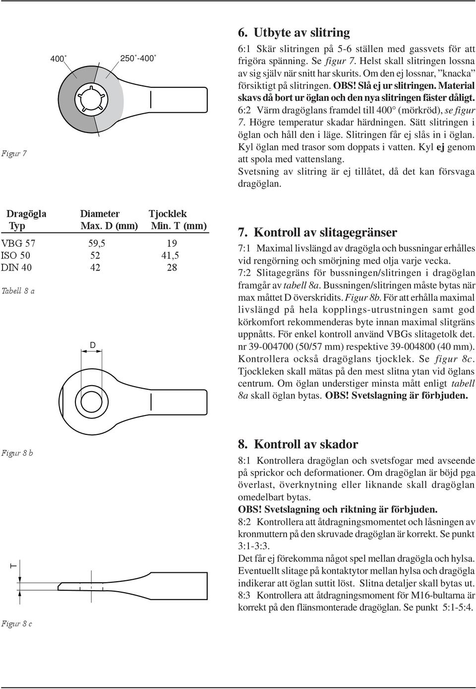 6:2 Värm dragöglans framdel till 400 (mörkröd), se figur 7. Högre temperatur skadar härdningen. Sätt slitringen i öglan och håll den i läge. Slitringen får ej slås in i öglan.