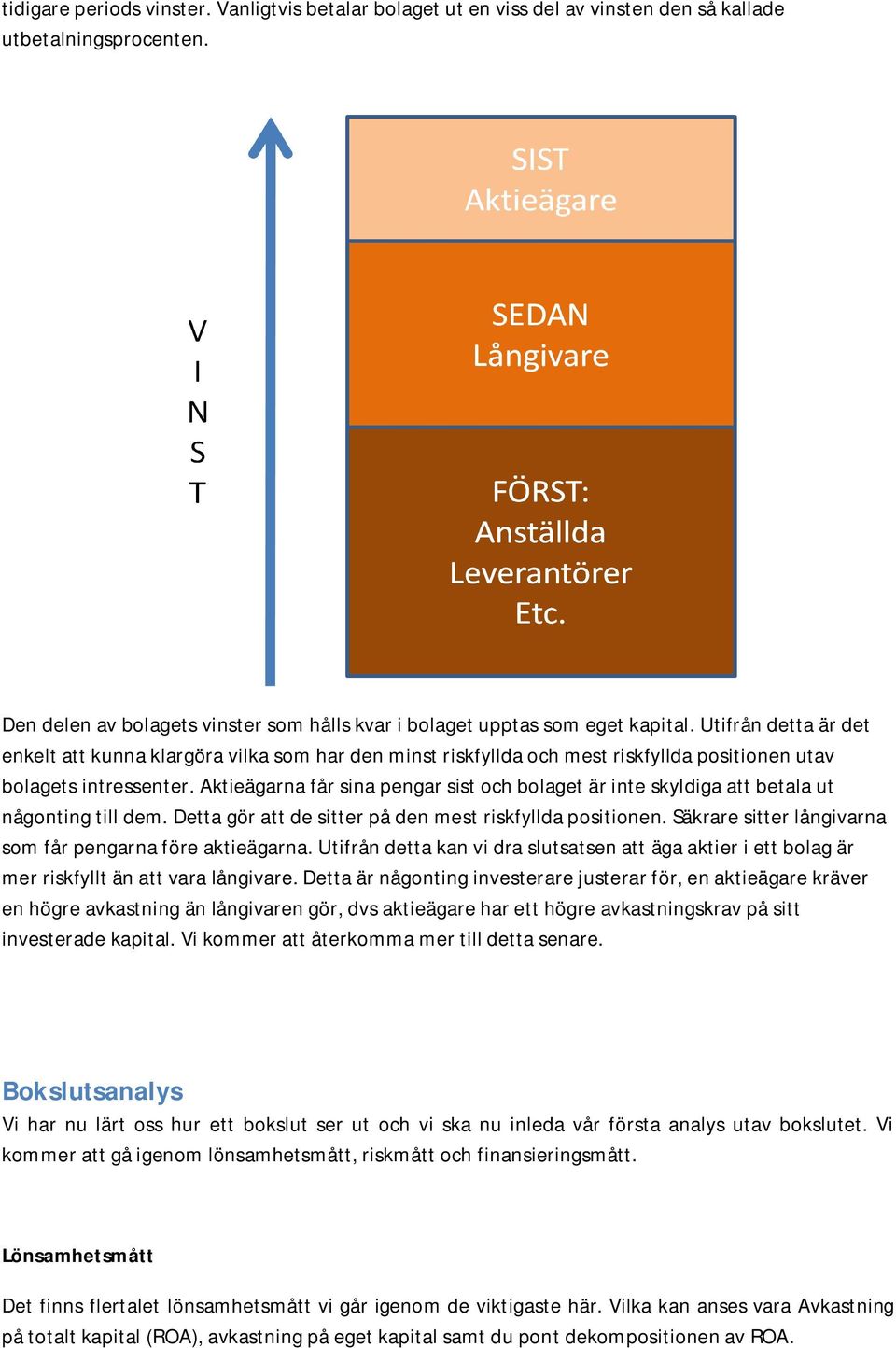 Aktieägarna får sina pengar sist och bolaget är inte skyldiga att betala ut någonting till dem. Detta gör att de sitter på den mest riskfyllda positionen.