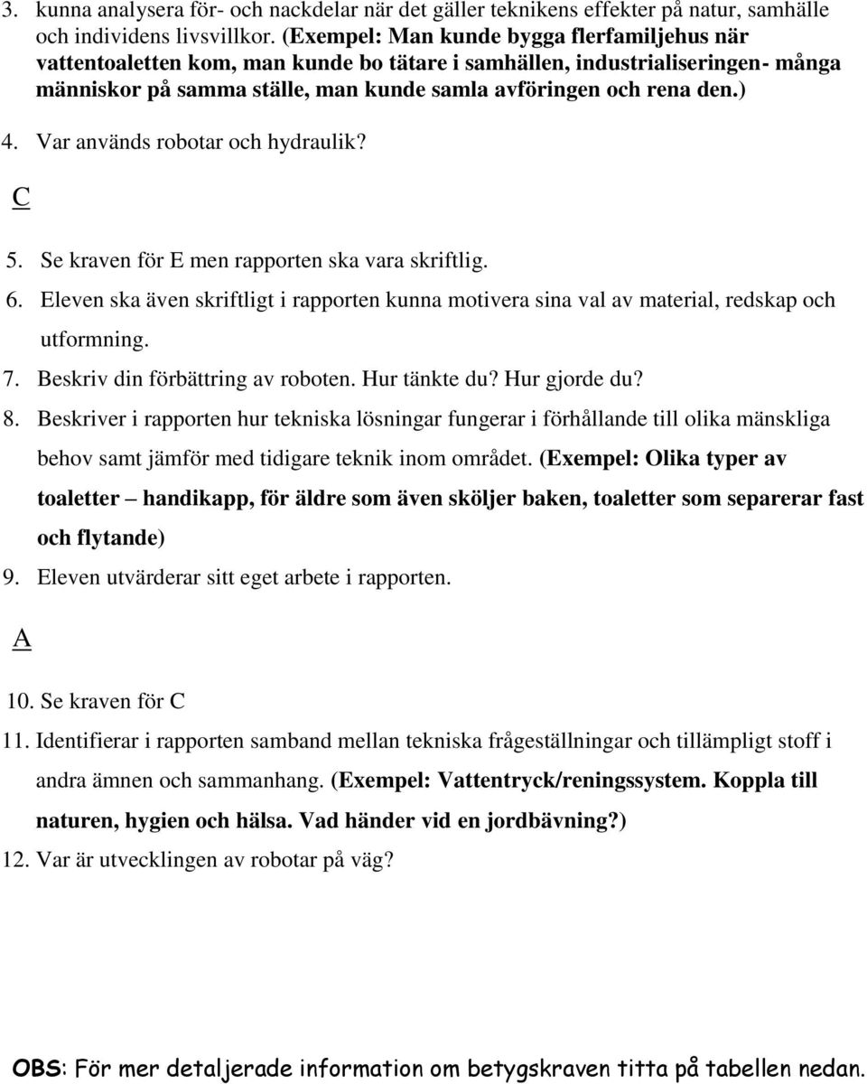 Var används robotar och hydraulik? C 5. Se kraven för E men rapporten ska vara skriftlig. 6. Eleven ska även skriftligt i rapporten kunna motivera sina val av material, redskap och utformning. 7.