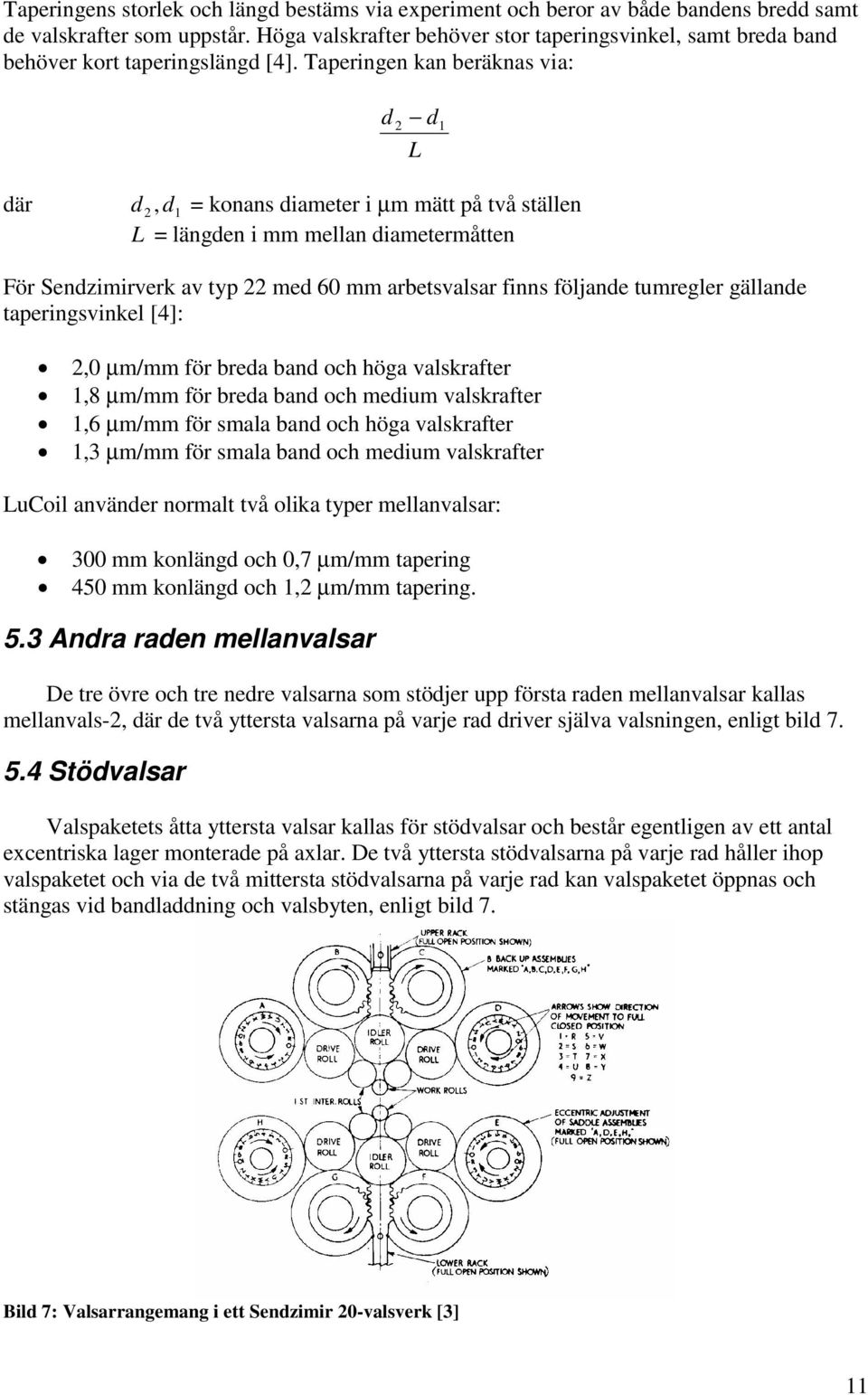 Taperingen kan beräknas via: d 2 d1 L där d 2, d1 = konans diameter i µm mätt på två ställen L = längden i mm mellan diametermåtten För Sendzimirverk av typ 22 med 60 mm arbetsvalsar finns följande