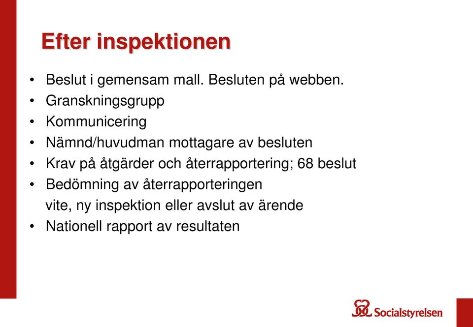 Krav på åtgärder och återrapportering; 68 beslut Bedömning av