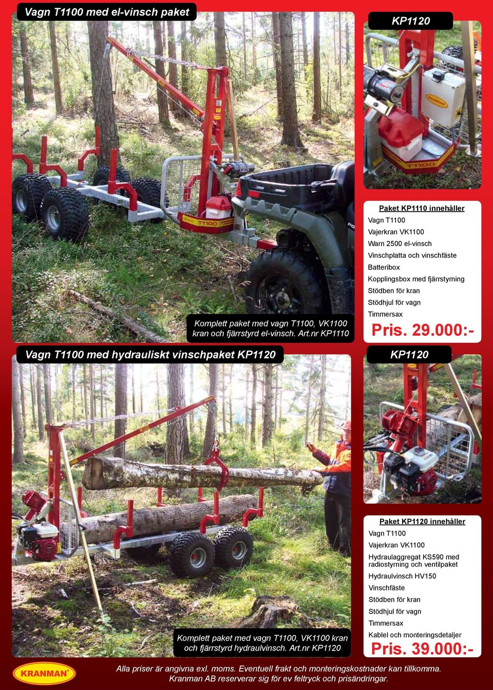 Stödben för kran Stödhjul för vagn Timmersax Pris. 29.000:- KP1120 Komplett paket med vagn T1100, VK1100 kran och fjärrstyrd hydraulvinsch. Art.
