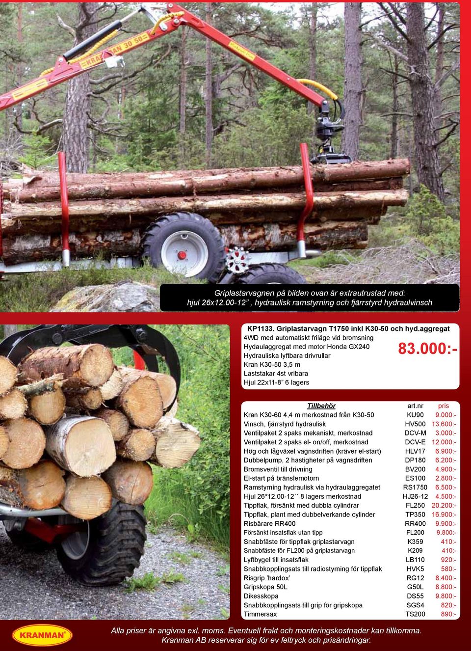 nr pris Kran K30-60 4,4 m merkostnad från K30-50 KU90 9.000:- Vinsch, fjärrstyrd hydraulisk HV500 13.600:- Ventilpaket 2 spaks mekaniskt, merkostnad DCV-M 3.