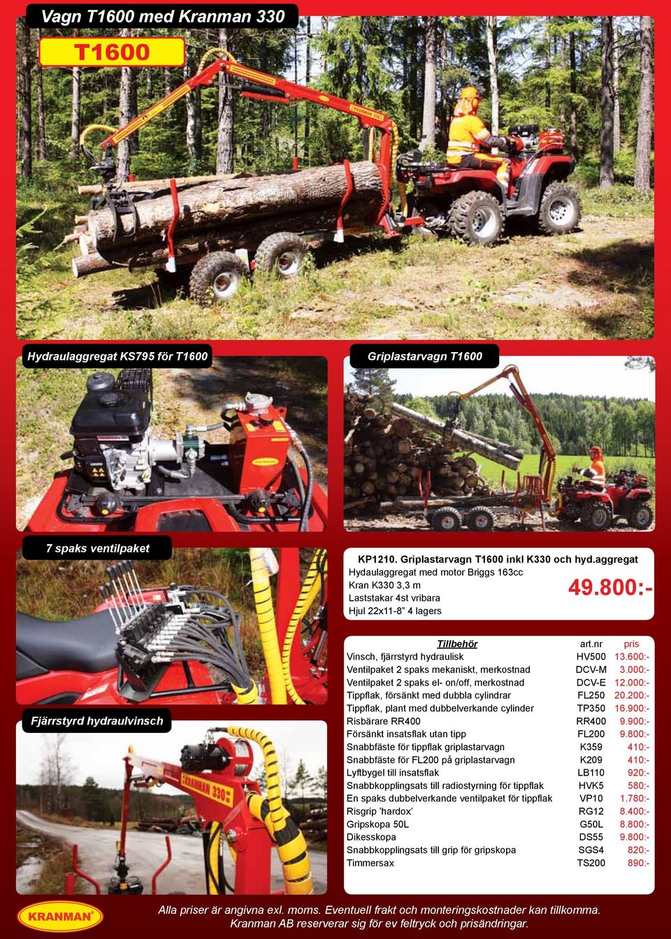 nr pris Vinsch, fjärrstyrd hydraulisk HV500 13.600:- Ventilpaket 2 spaks mekaniskt, merkostnad DCV-M 3.000:- Ventilpaket 2 spaks el- on/off, merkostnad DCV-E 12.