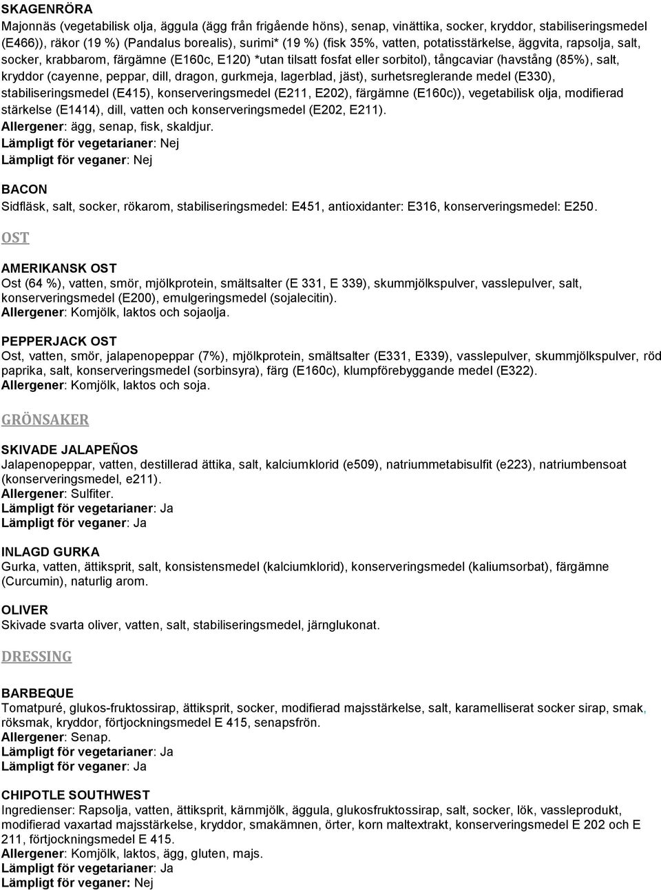 dragon, gurkmeja, lagerblad, jäst), surhetsreglerande medel (E330), stabiliseringsmedel (E415), konserveringsmedel (E211, E202), färgämne (E160c)), vegetabilisk olja, modifierad stärkelse (E1414),