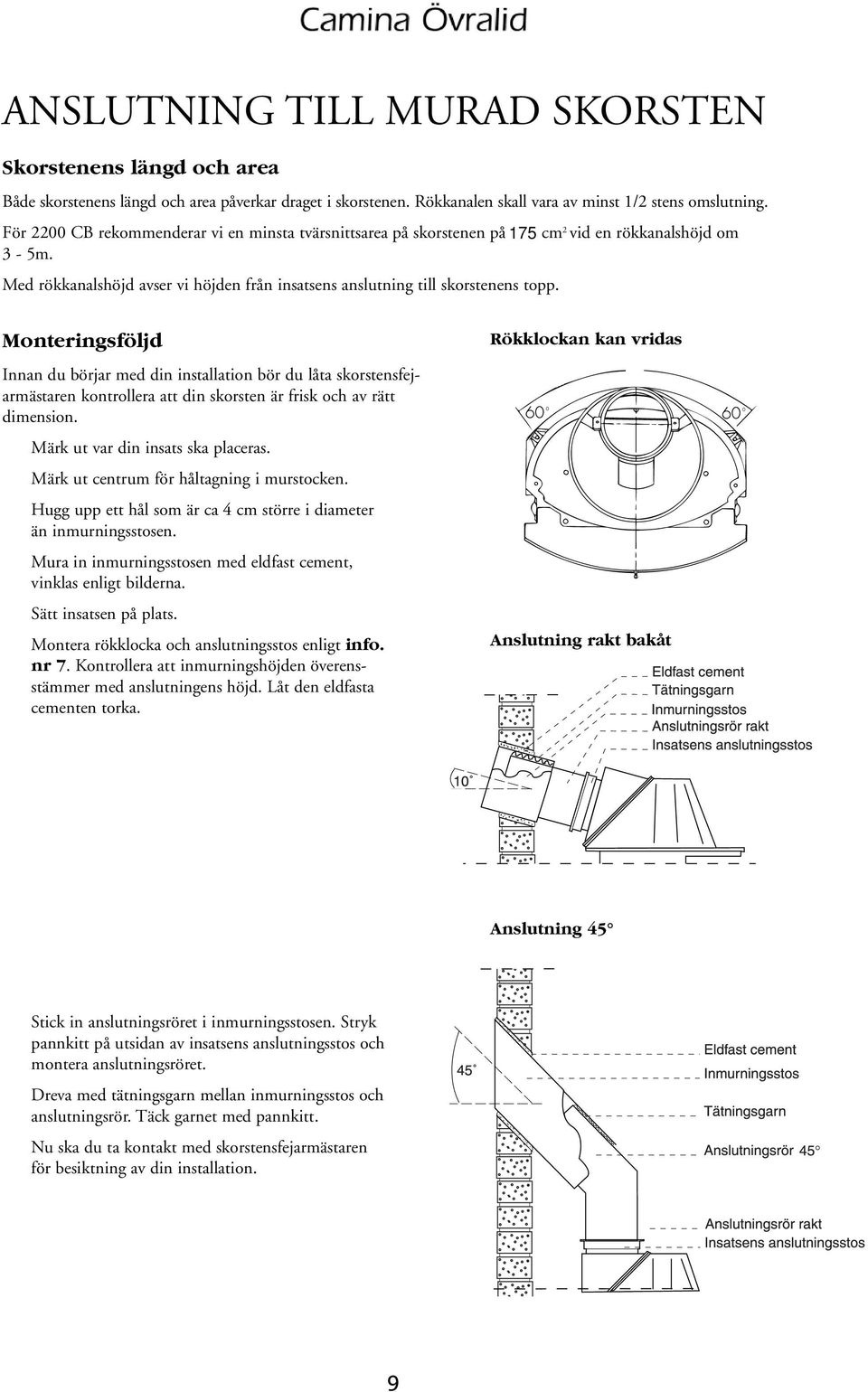 Monteringsföljd Rökklockan kan vridas Innan du börjar med din installation bör du låta skorstensfejarmästaren kontrollera att din skorsten är frisk och av rätt dimension. 1.