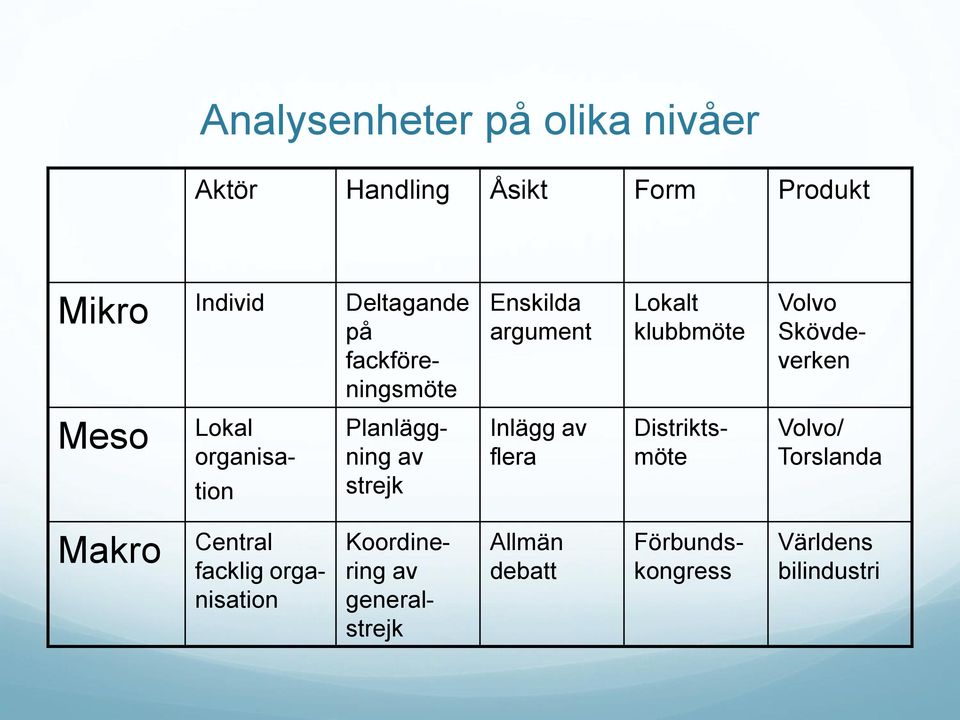 organisation Planläggning av strejk Inlägg av flera Distriktsmöte Volvo/ Torslanda Makro