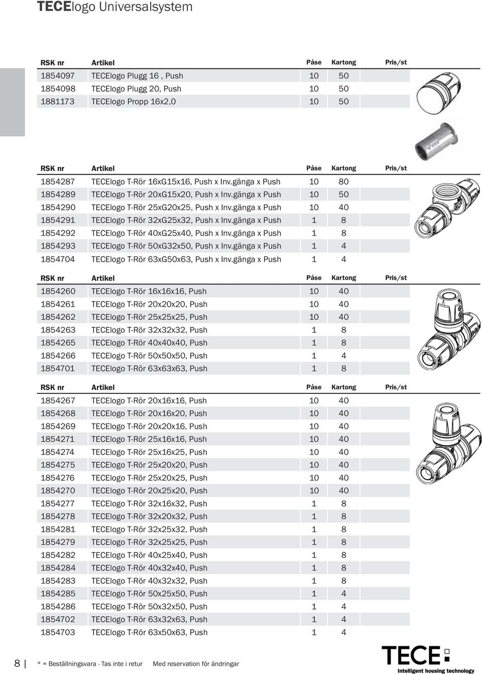 gänga x Push 10 40 1854291 TECElogo T-Rör 32xG25x32, Push x Inv.gänga x Push 1 8 1854292 TECElogo T-Rör 40xG25x40, Push x Inv.gänga x Push 1 8 1854293 TECElogo T-Rör 50xG32x50, Push x Inv.