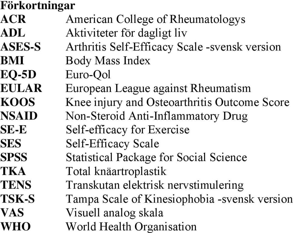 Anti-Inflammatory Drug SE-E Self-efficacy for Exercise SES Self-Efficacy Scale SPSS Statistical Package for Social Science TKA Total