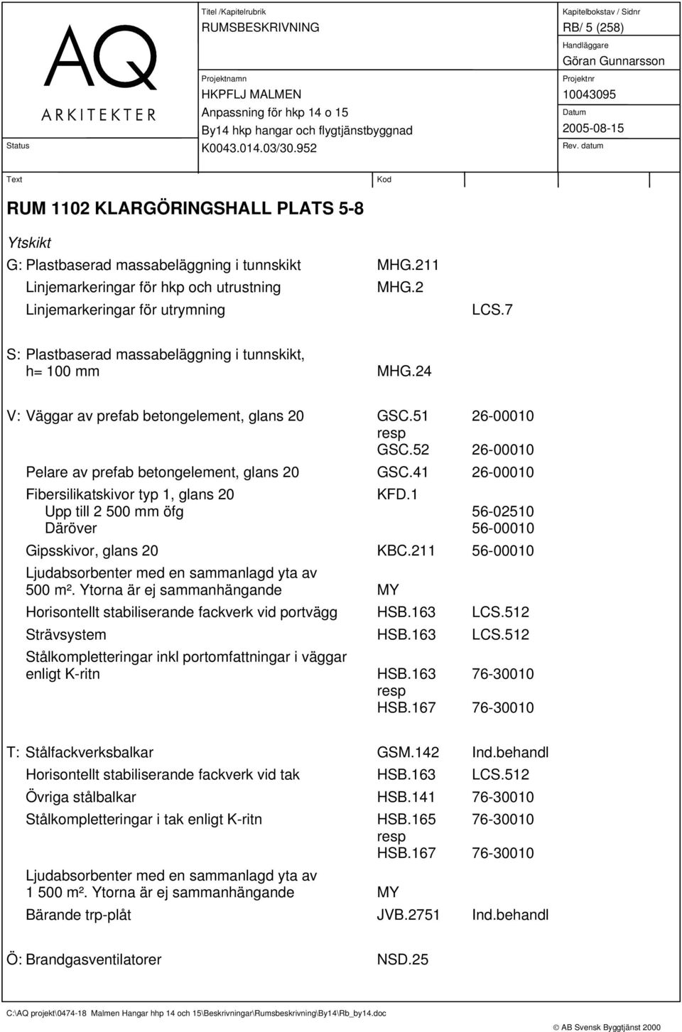 41 26-00010 Fibersilikatskivor typ 1, glans 20 KFD.1 Upp till 2 500 mm öfg 56-02510 Däröver 56-00010 Gipsskivor, glans 20 KBC.211 56-00010 Ljudabsorbenter med en sammanlagd yta av 500 m².