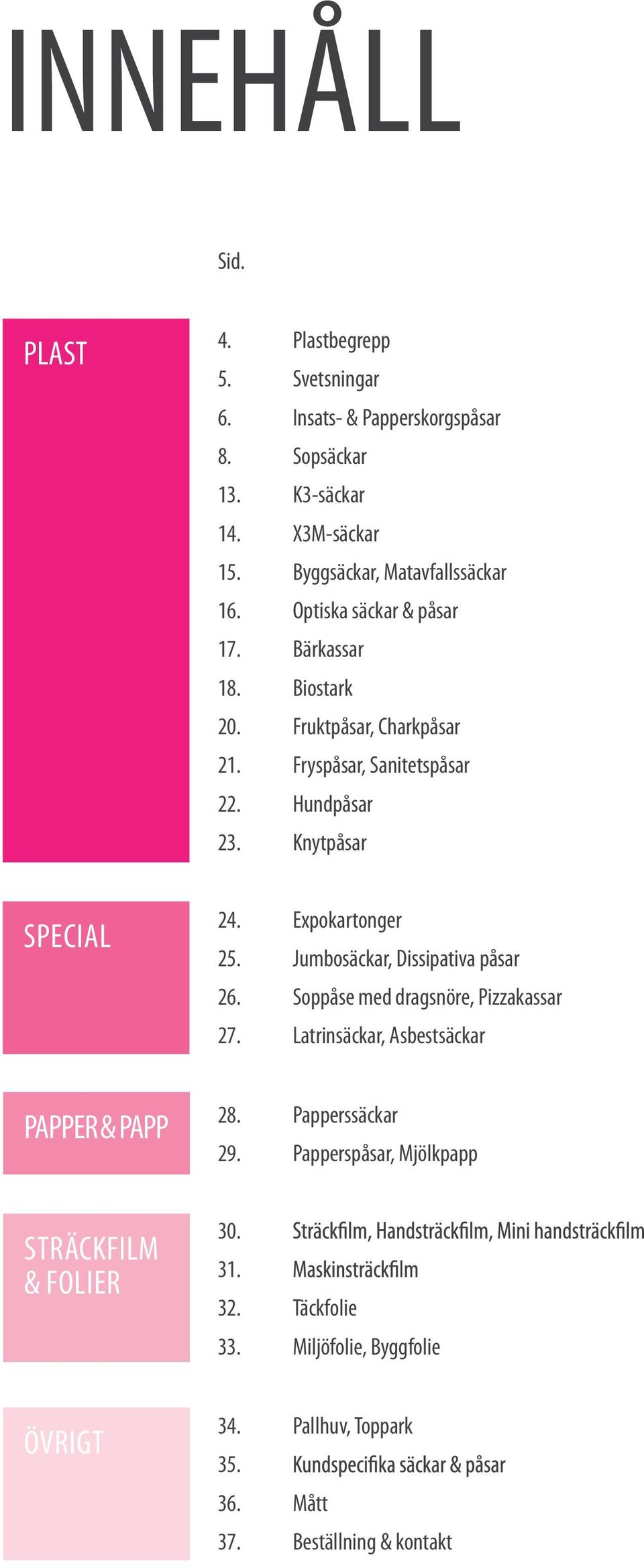 Hundpåsar 23. Knytpåsar SPECIAL 24. Expokartonger 25. Jumbosäckar, Dissipativa påsar 26. Soppåse med dragsnöre, Pizzakassar 27.