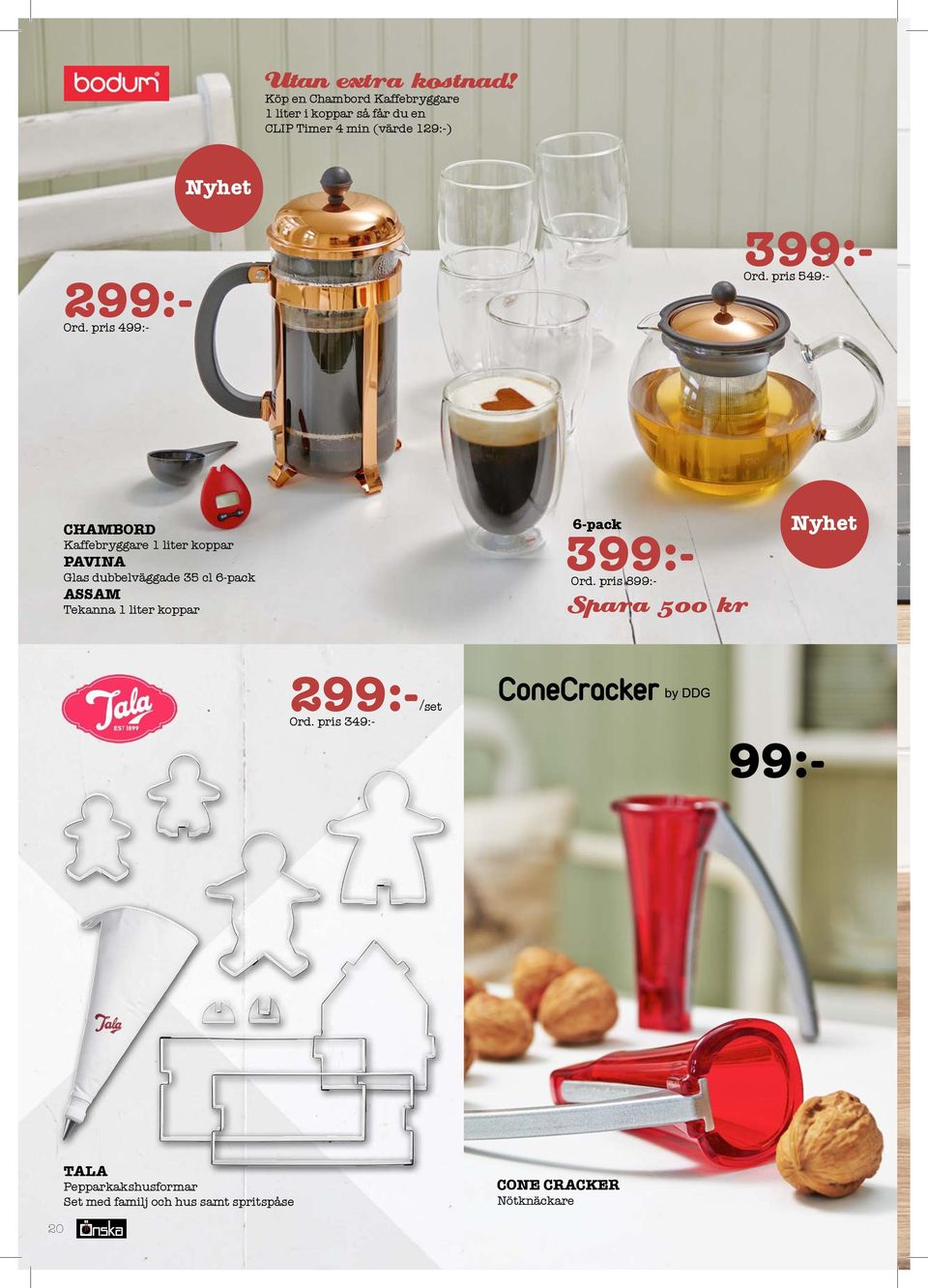 pris 499:- CHAMBORD Kaffebryggare 1 liter koppar PAVINA Glas dubbelväggade 35 cl 6-pack ASSAM Tekanna 1