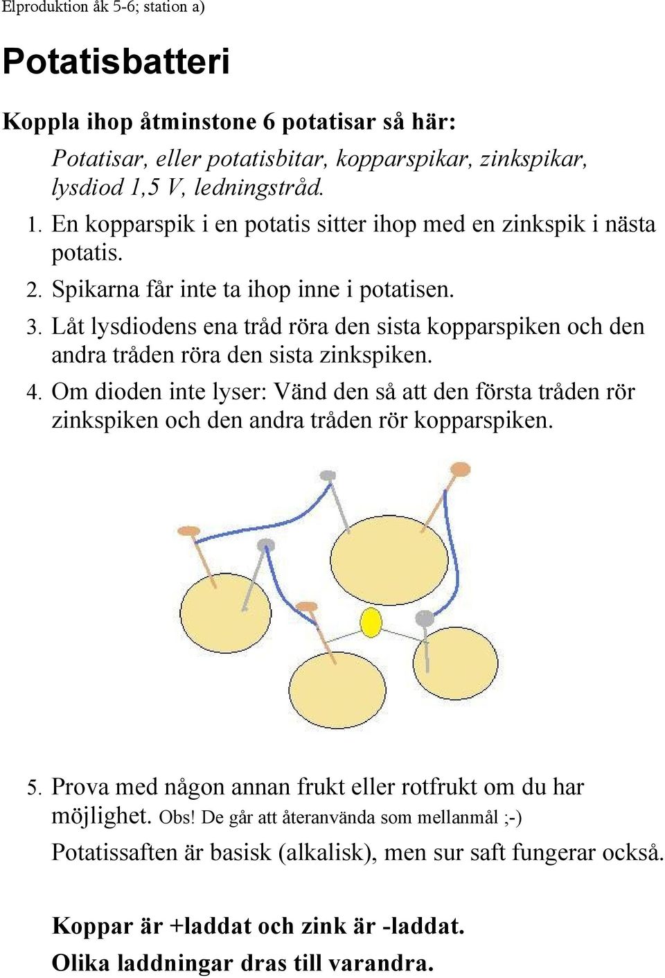 Låt lysdiodens ena tråd röra den sista kopparspiken och den andra tråden röra den sista zinkspiken. 4.