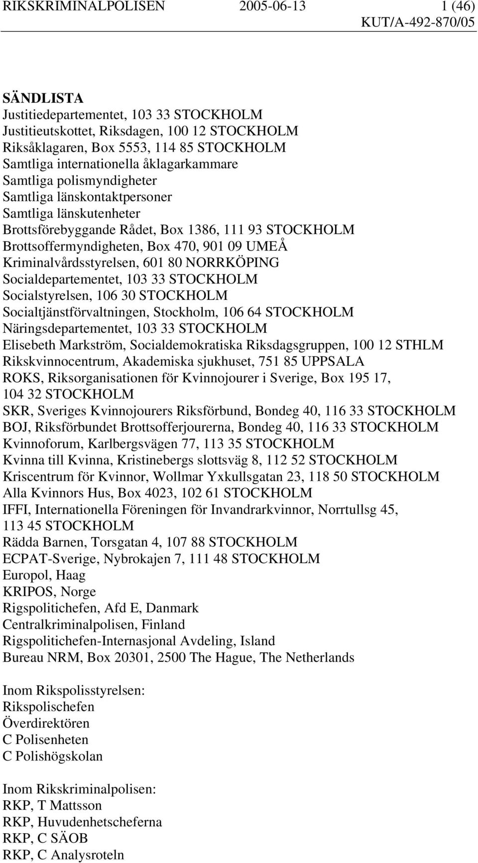 09 UMEÅ Kriminalvårdsstyrelsen, 601 80 NORRKÖPING Socialdepartementet, 103 33 STOCKHOLM Socialstyrelsen, 106 30 STOCKHOLM Socialtjänstförvaltningen, Stockholm, 106 64 STOCKHOLM Näringsdepartementet,