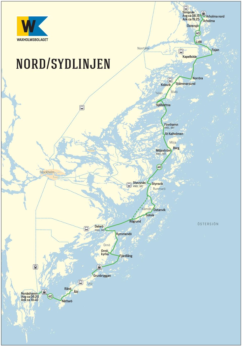 Kolsvik Blidö Yxlan Själbottna Finnhamn ANSL. BÅT St Kalholmen Möja Möjaström Berg ANSL.