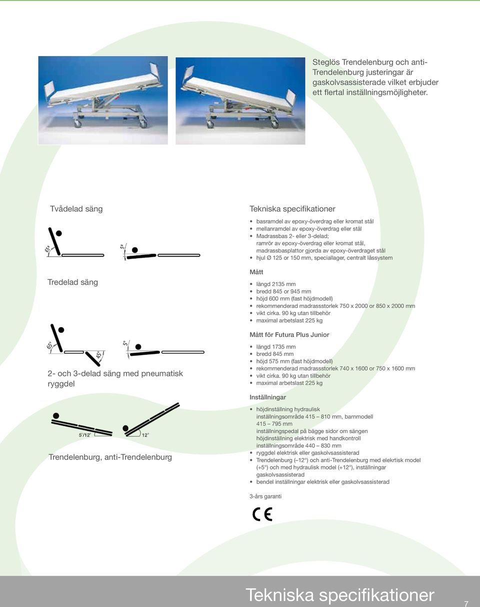 eller kromat stål, madrassbasplattor gjorda av epoxy-överdraget stål hjul Ø 125 or 150 mm, speciallager, centralt låssystem Mått längd 2135 mm bredd 845 or 945 mm höjd 600 mm (fast höjdmodell)