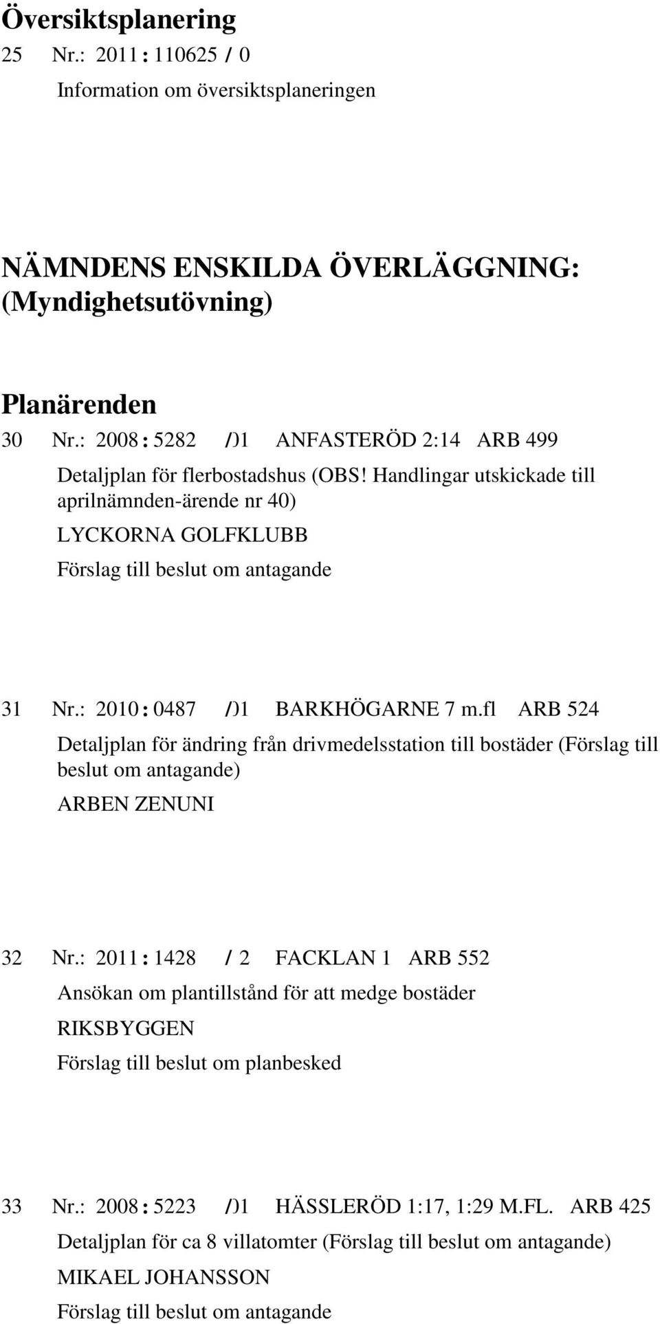 fl ARB 524 Detaljplan för ändring från drivmedelsstation till bostäder (Förslag till beslut om antagande) 32 2011 : 1428 2 RIKSBYGGEN Förslag till beslut om planbesked FACKLAN 1 ARB 552 Ansökan