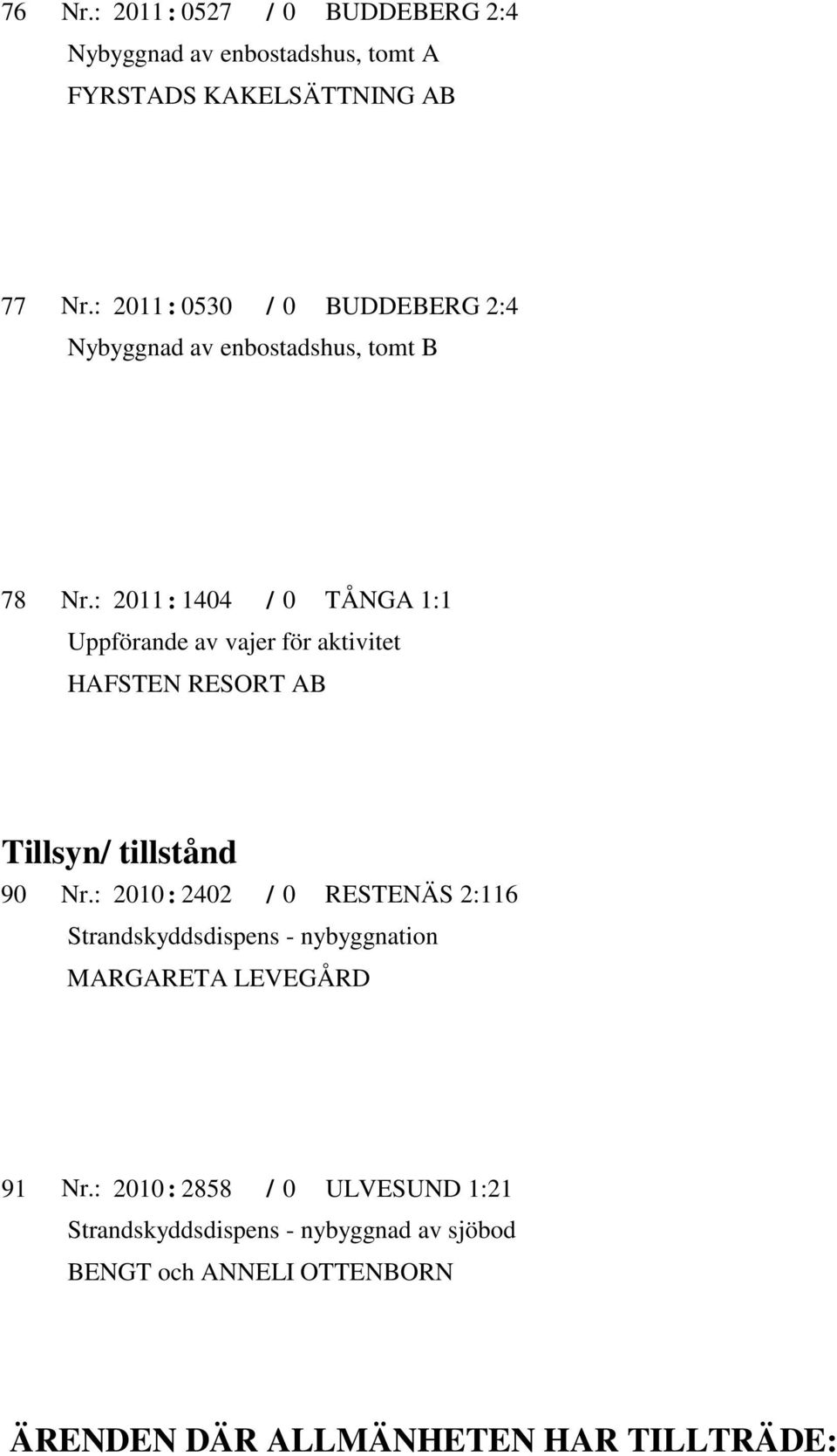 Tillsyn tillstånd 90 2010 : 2402 0 MARGARETA LEVEGÅRD RESTENÄS 2:116 Strandskyddsdispens - nybyggnation 91 2010 : 2858