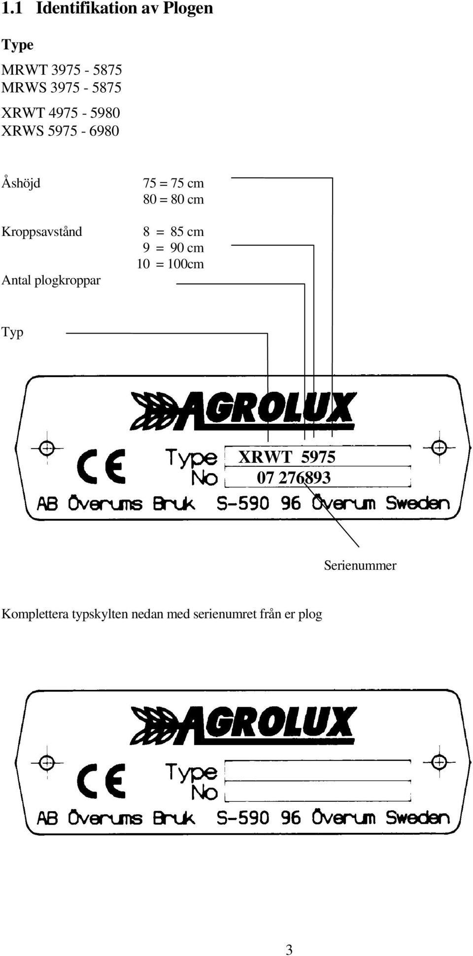 Antal plogkroppar 8 = 85 cm 9 = 90 cm 10 = 100cm Typ XRWT 5975 07